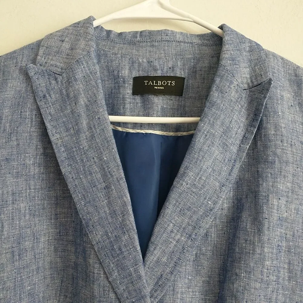 Talbots Blazer Jacket Womens MPetite Blue 100% Linen 2-Button Lined Coastal